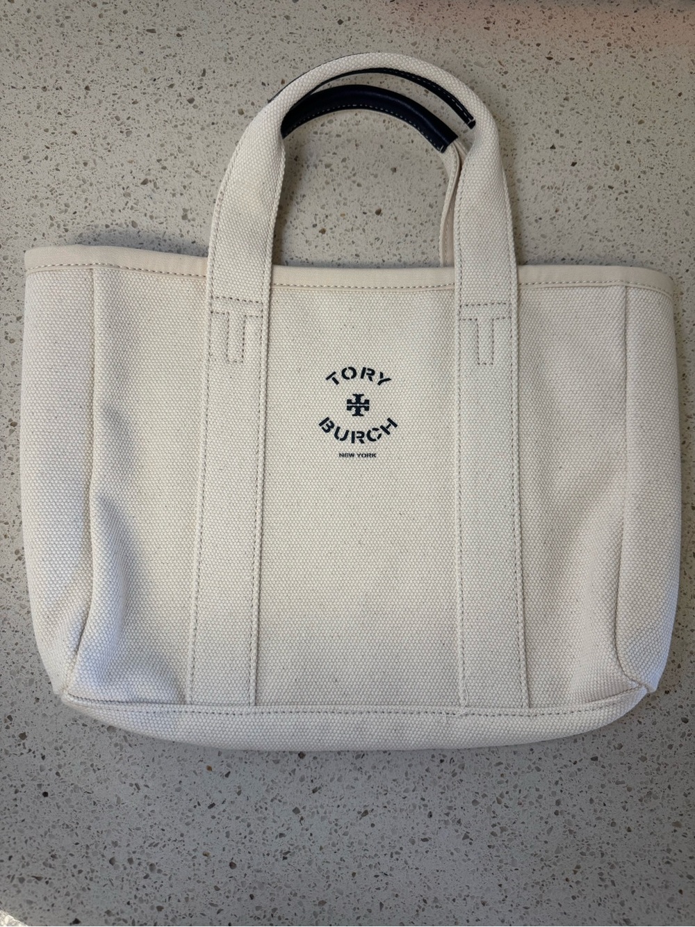 Tory Burch Cream Canvas Tote with Navy Leather Handle - New